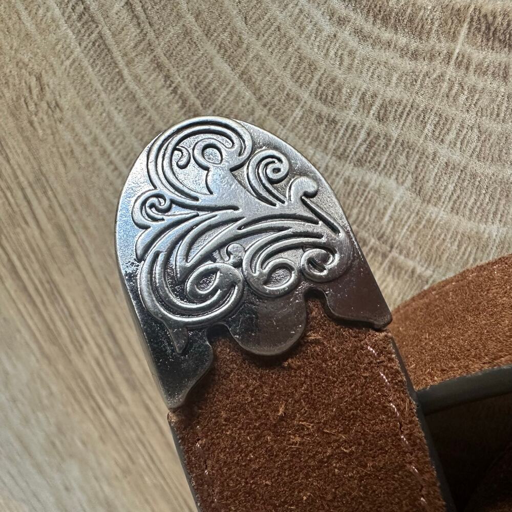 Lucky Brand Tan Suede Rope Engraved Western Buckle Belt Silver Tone L - Picture 3 of 7